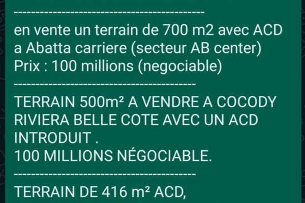 TERRAINS ET VILLAS EN VENTE TOUT COCODY, ANGRÉ, RIVIER